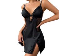 Chemise de nuit en dentelle pour femme - Nuisette en satin - Col en V - Nuisette, Noir , M