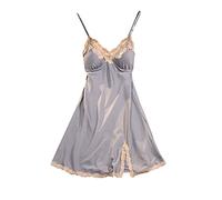 Chemise De Nuit Femme Manches Longues Chemise de nuit pour femmes mince Sexy jarretelle glace soie pyjamas dentelle dentelle fente poitrine Pad Homewear Robe Nuisette Femme Robe D Interieur (Grey, XL)