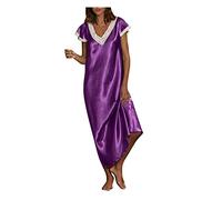 Chemise de Nuit Femme Satin Dentelle Pyjama Sexy à Col en V Profond Robe Longue Couleur Unie Grande Taille Manches Courte Robe de Nuit Coquin Nuisettes Pleine Slip Chemises Nuit Femme