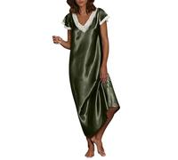 Chemise de Nuit Femme Satin Dentelle Pyjama Sexy à Col en V Profond Robe Longue Couleur Unie Grande Taille Manches Courte Robe de Nuit Coquin Nuisettes Pleine Slip Chemises Nuit Femme