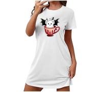Chemise De Nuit Imprimé Fantôme Et Citrouille Pour Femmes,Robe Court Pyjama D'halloween Manches Courtes,Vêtements De Nuit Col Rond Grandes Tailles Pyjama Peut Être Porté Toute L'année Pas Cher