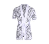 Chemise de nuit kimono sexy pour homme - Bikini érotique en dentelle - Peignoir transparent - Tanga Homewear Pyjama à manches courtes - Chemise de nuit fine - Transparent - Avec ceinture - String, O