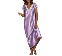 Chemise de nuit longue en satin pour femme - Nuisette de luxe soyeuse élégante et décontractée avec bordure en dentelle - Col en V - Chemise de nuit à manches courtes pour femme - Mes commandes