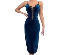 Chemise de nuit longue en velours et dentelle pour femme - Col en V profond - Lingerie sans manches - Chemise de nuit à bretelles, bleu, S
