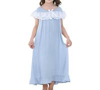 Chemise de nuit longue pour fille en dentelle à manches longues col rond en coton ample pour la maison - Vêtement de nuit décontracté - Jupe, bleu, 10 ans
