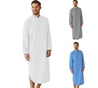 Chemise de nuit longue pour homme - Robe musulmane arabe en coton à manches longues - Caftan ample respirant - Chemise longue légère pour prière islamique - Robe longue boutonnée avec col montant et