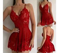 Chemise de nuit mode col en V dentelle vêtements de nuit satin nuisette en dentelle mini sous-vêtements en peluche vêtements de nuit pyjama anneau en acier, Rouge, L