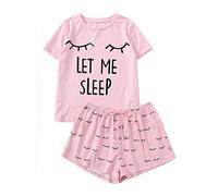 Chemise de nuit pour femme à manches courtes en coton - Ensemble sexy court et confortable avec short - Vêtement de détente tendance avec motif Let Me Sleep - Col ras du cou - Deux pièces - Manches