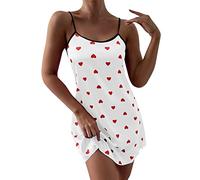 Chemise de nuit pour femme avec cœurs - Mini robe courte pyjama coton pyjama à bretelles spaghetti haut d'été sexy robe décontractée lounge grandes tailles nuisette robe débardeur chemise de nuit