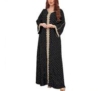 Chemise de nuit pour femme, col en V, bloc de couleur, imprimé à pois, manches longues, vêtements de nuit musulmanes avec feuille d'or, Noir , S