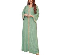 Chemise de nuit pour femme, col en V, bloc de couleur, imprimé à pois, manches longues, vêtements de nuit musulmanes avec feuille d'or, Vert, XXL