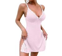 Chemise de nuit pour femme en coton sans manches - Nuisette sexy - Pyjama doux - Mini robe de nuit sexy avec bretelles spaghetti - Dentelle - Col en V - Vêtement de nuit, Rose, L