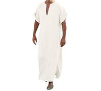 Chemise de Nuit pour Hommes à Manches Courtes Caftan Hommes Coton Lin Robes vêtements de Nuit à col en v avec Poches Chemise Djellaba Musulman Priere Islamique Qamis Uni Ramadan Djellaba
