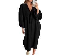 Chemise de nuit surdimensionnée à manches lanternes et col en V en coton et lin pour femme - Robe longue décontractée unie à manches longues en crêpe, Noir , L