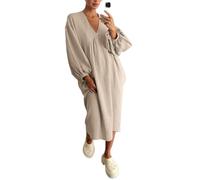 Chemise de nuit surdimensionnée à manches lanternes et col en V en coton et lin pour femme - Robe longue décontractée unie à manches longues en crêpe, kaki, L