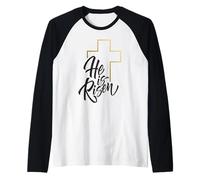 Chemise de Pâques « He is Risen Jesus Cross Scripture Matthew » Manche Raglan