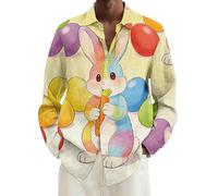 Chemise de Pâques pour homme - Imprimé lapin coloré - Œuf de Pâques - Manches longues - Mélange de lin - Boutonné - Printemps - Festival - Vacances -, vert clair, XL