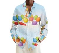 Chemise de Pâques pour homme - Imprimé lapin coloré - Œuf de Pâques - Manches longues - Mélange de lin - Boutonné - Printemps - Festival - Vacances -, bleu clair, M