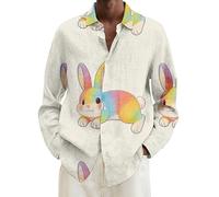 Chemise de Pâques pour homme - Imprimé lapin coloré - Œuf de Pâques - Manches longues - Mélange de lin - Boutonné - Printemps - Festival - Vacances -, blanc, XXL