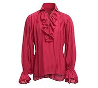 Chemise de Pirate Homme à Volants et Lacets - Médiévale Gothique Manches Longues - Costume Renaissance Viking Victorien - Steampunk Cosplay, #4 Rouge, 5XL