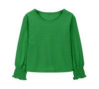 Chemise de printemps mignonne à volants en dentelle à manches longues et col rond uni uni ample pour enfants chemises en coton respirant à pois, Vert, 8-10 ans