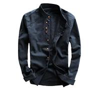 Chemise de printemps pour homme - Style vintage japonais, lin de qualité supérieure, col montant, coupe ajustée, simple boutonnage, décontracté, bleu, L