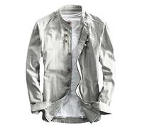 Chemise de printemps pour homme - Style vintage japonais, lin de qualité supérieure, col montant, coupe ajustée, simple boutonnage, décontracté, gris clair, L