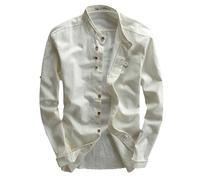 Chemise de printemps pour homme - Style vintage japonais, lin de qualité supérieure, col montant, coupe ajustée, simple boutonnage, décontracté, blanc, L