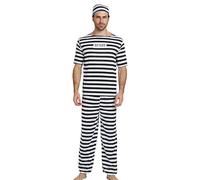 Chemise de prisonnier - Costume de prisonnier rayé noir et blanc, chemise de prisonnier, chemise de prisonnier, pantalon, tissu respirant pour Halloween, Noël, fête, cosplay, renaissance, couple
