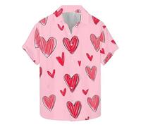 Chemise de Saint-Valentin à manches courtes pour homme - Motif cœur - Chemise hawaïenne - Chemise d'été boutonnée - Chemise de plage - Chemise de loisirs - Chemise amusante - Coupe droite, P rose., M