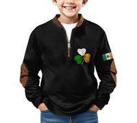 Chemise de St Patrick pour enfants avec demi-fermeture éclair et poignets côtelés - Pull à manches longues - Imprimé trèfle - Tendance rétro irlandais - Col patch - Vêtements d'école - Cool