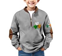 Chemise de St Patrick pour enfants avec demi-fermeture éclair et poignets côtelés - Pull à manches longues - Imprimé trèfle - Tendance rétro irlandais - Col patch - Vêtements d'école - Cool