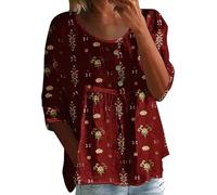 Chemise de travail pour femme - T-shirt imprimé à manches mi-longues et col rond - T-shirt à manches 3/4 - Haut ample - Grande taille - Col en V léger, Rouge, XL