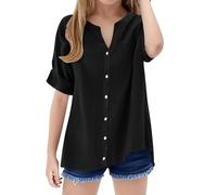 Chemise décontractée à col montant pour fille - Couleur unie, Noir , 14-15 ans