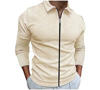 Chemise décontractée à fermeture éclair pour homme - Col inférieur - Manches longues - Chemise décontractée - Couleur unie, kaki, XXL