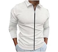 Chemise décontractée à fermeture éclair pour homme - Col inférieur - Manches longues - Chemise décontractée - Couleur unie, Blanc., L