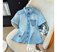 Chemise décontractée à manches courtes à simple boutonnage avec poche, effet denim des années 90, bleu clair, pour voyage d'été pour femmes L,M,S,XL,XS,XXLUnicoloreImpression d'effets de simulation