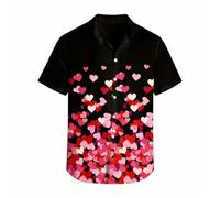 Chemise décontractée à manches courtes avec imprimé cœur 2026 - Parfait pour la Saint-Valentin tout le monde : confort élégant, Noir , XL