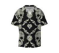 Chemise décontractée à manches courtes avec motif imprimé tête de mort et fleurs pour homme, chemise de plage d'été, de mariage, Noir , 4XL