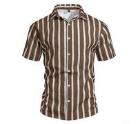 Chemise décontractée à manches courtes boutonnée pour homme, col à revers à rayures verticales, coupe ample, hauts pour la plage, les vacances pour le printemps et l'été (2XL, marron)