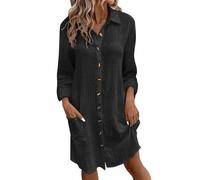 Chemise décontractée à manches longues en coton et lin de couleur unie pour femme, Noir , L