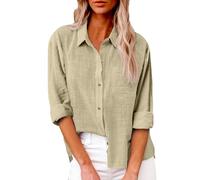 Chemise décontractée à manches longues en coton et lin pour femme - Col en V - Col roulé - T-shirt ample surdimensionné - Chemisier habillé pour le travail - Grande taille 36-50, beige, 3XL