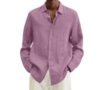 Chemise décontractée à manches longues en coton et lin pour homme - Coupe ample et décontractée - Col boutonné - Léger et confortable - Pour la plage, le yoga, rose, XXXL