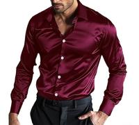 Chemise décontractée à manches longues en satin de soie pour homme - Pour soirées disco et mariages - Taille L - Rouge vin