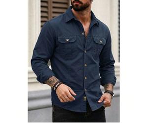 Chemise décontractée à manches longues et boutons-pression de style militaire pour hommes, de couleur unie. Coupe slim avec deux poches. Convient pour le port en extérieur et quotidien, avec un look r
