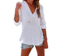 Chemise décontractée à manches longues pour femme - T-shirt en lin à col en V - Pull léger - Peut également servir de sweat-shirt à capuche ou de couverture de plage, blanc, S