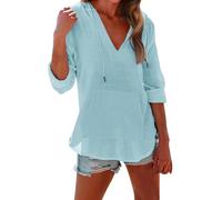 Chemise décontractée à manches longues pour femme - T-shirt en lin à col en V - Pull léger - Peut également servir de sweat-shirt à capuche ou de couverture de plage, bleu clair, XXL