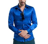 Chemise décontractée à manches longues pour homme - Coupe droite - Col montant fixe - Chemise boutonnée - Coupe ajustée - Manches longues - Décontractée - Soie brillante comme satin - Chemise à