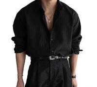 Chemise décontractée à manches longues pour homme, style rétro Hong Kong, rayures verticales, col à revers, coupe régulière pour le printemps, l'automne, les fêtes quotidiennes, les vacances, noir