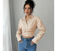 Chemise décontractée à manches longues rayée, plissée et raccourcie pour femmes, printemps L,M,S,XL,XS,XXSUnicoloreTissu tissé